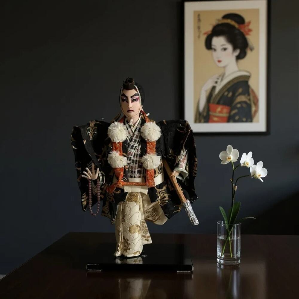 Vintage 18" Japanese Kabuki Samurai Warrior Doll Musha Ningyō Silk Kimono Beads